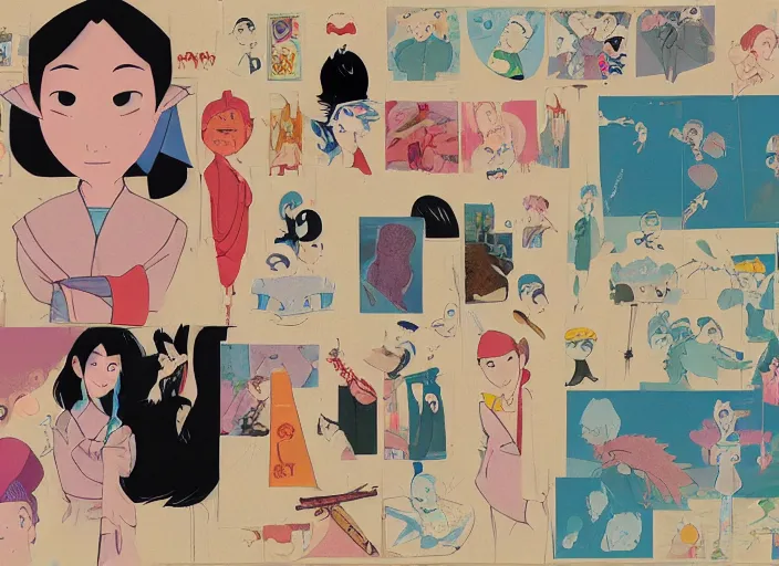 Image similar to experimental character exploration mixed media collage reference sheet layout from masaaki yuasa's mulan ( 1 9 9 7 )