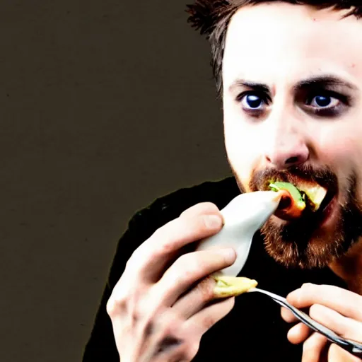 Prompt: Charlie Kelly eating milk steak, high quality digital photograph