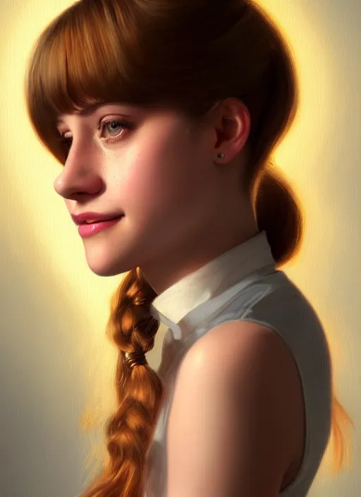 Image similar to portrait of teenage lili reinhart with bangs, smiling kindly, bangs, 1 9 6 0 s, ponytail, bangs and ponytail, intricate, elegant, glowing lights, highly detailed, digital painting, artstation, concept art, smooth, sharp focus, illustration, art by wlop, mars ravelo and greg rutkowski