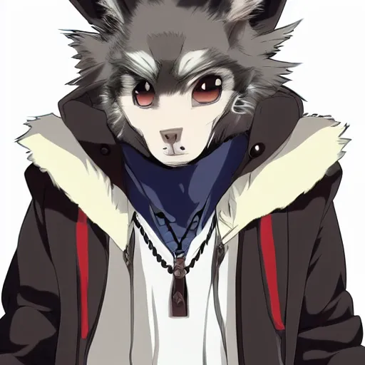 Image similar to key anime visual portrait of an anthropomorphic anthro wolf fursona, in a jacket, with handsome eyes, official modern anime art