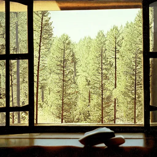 Prompt: Harry Gruyaert 35mm photography looking out a window into a landscape with pine trees