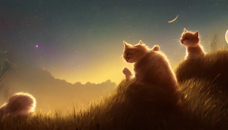 Image similar to cats on the hill looking at the stars in the sky together at night, moon and stardusts, hyperdetailed, artstation, cgsociety, 8 k