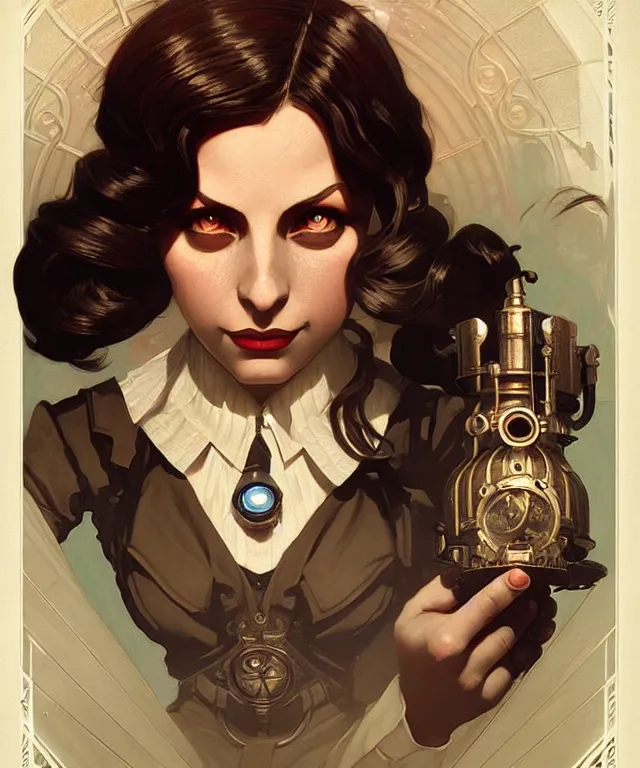 Image similar to bioshock big sister portrait, intricate, elegant, highly detailed, digital painting, artstation, concept art, smooth, sharp focus, illustration, art by artgerm and greg rutkowski and alphonse mucha