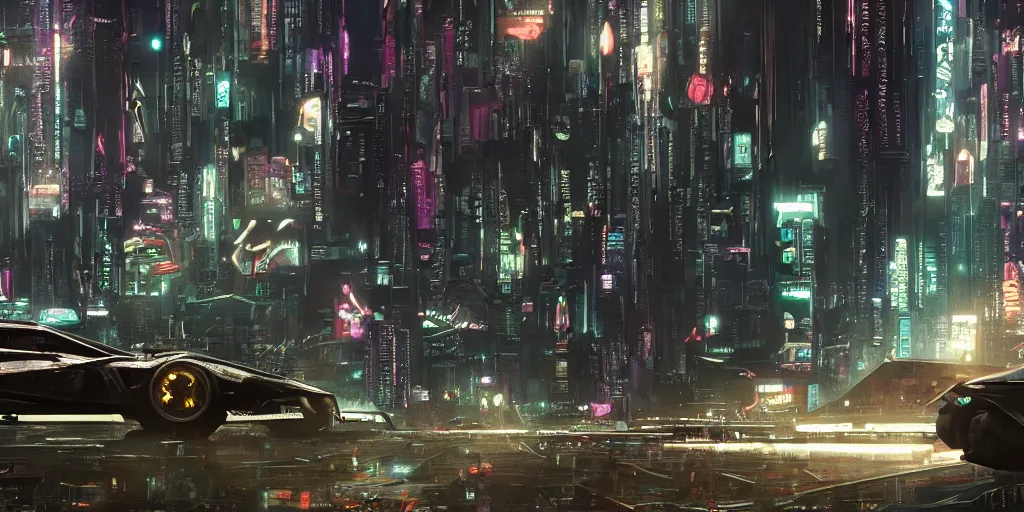 Image similar to cyberpunk city, cyberpunk car lamborgini counatch, blade runner style, visual byoperator roger deakins, by neill blomkamp, elysium and altered carbon style, extreamly detailed, by ghost in the shell, by mamoru oshii