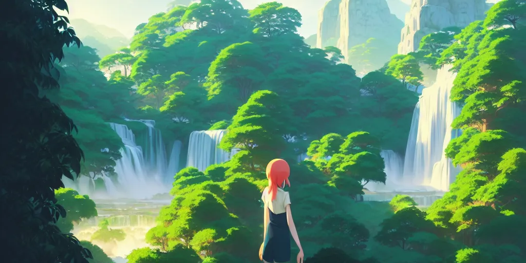 Image similar to evergreen valley, several waterfalls, ancient city, tall marble buildings, landscape, global illumination, morning light, radiant light, bird's eye view, by makoto shinkai and lois van baarle, ilya kuvshinov, rossdraws, tom bagshaw,