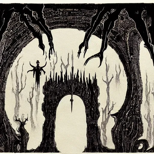 Image similar to In the center of the illustration is a large gateway that seems to lead into abyss of darkness. On either side of the gateway are two figures, one a demon-like creature, the other a skeletal figure. by Charles Vess haunting