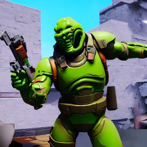 Image similar to doomguy in the fortnite, doom x fortnite collab, screenshot