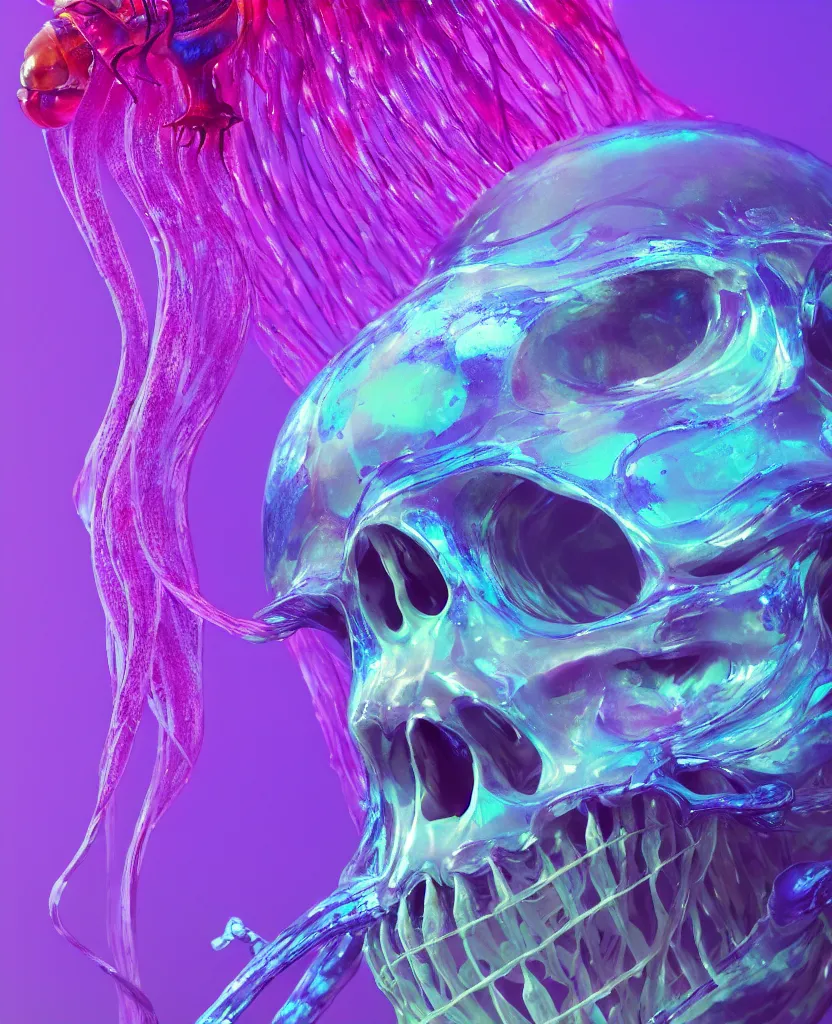 Image similar to close-up portrait of skull dichroic orchid jellyfish skull, betta fish, bioluminiscent creatures, intricate artwork by Tooth Wu and wlop and beeple. octane render, trending on artstation, greg rutkowski very coherent symmetrical artwork. cinematic, hyper realism, high detail, octane render, 8k