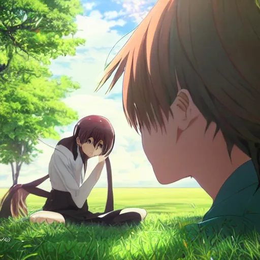 Image similar to photorealistic, green long hair anime boy meets a beautiful smiling anime girl with brown hair and high ponytail sitting under a tree, anime key visual, digital art, anime screenshot, kyoto animation, makoto shinkai, trending on pixiv