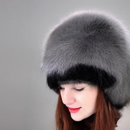 Prompt: gray fur hat soviet russian winter fur cap with earflaps ushanka