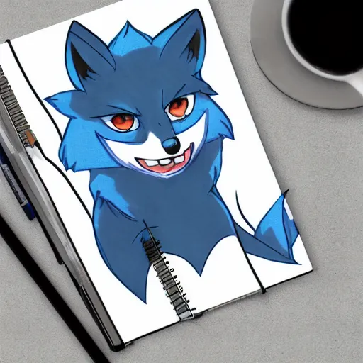 Image similar to anime style colored pencil sketch of an anthropomorphic blue fox fursona furry male character wearing a stylish all over print hoodie, notebook drawing, realisitc photo