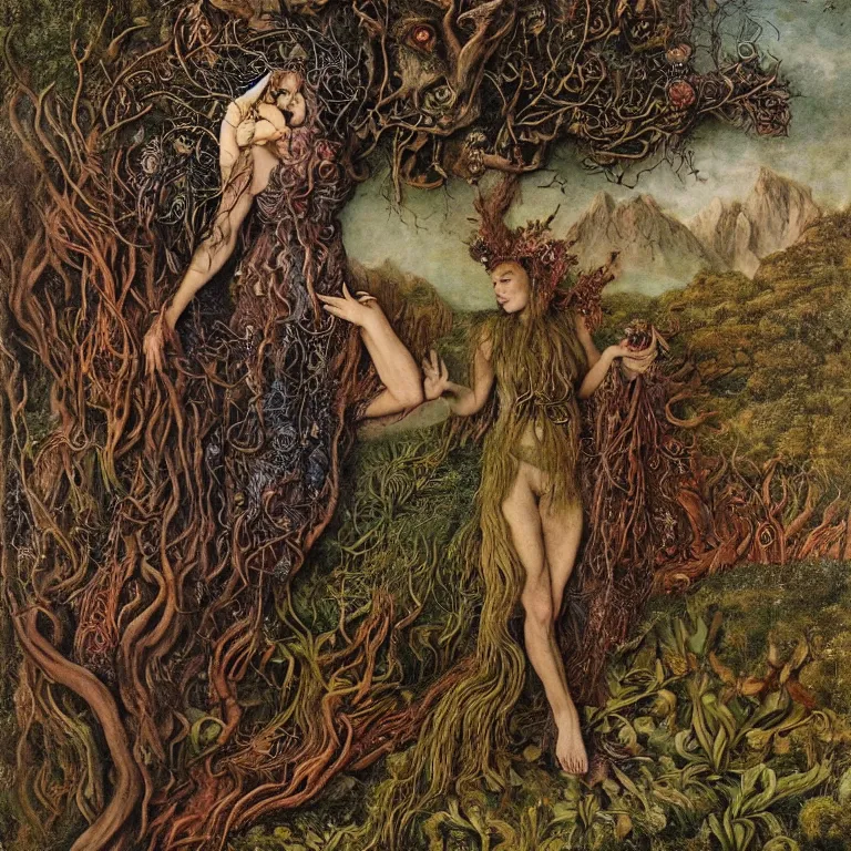 Prompt: a grinning druid dryad with goat pupils transforming herself into a mad beast. her skin is covered in scales and feathers. landscape with mountains, river and night sky. painted by jan van eyck, max ernst and ernst haeckel, trending on artstation, 8 k, award winning, hard lighting, fashion editorial, mythology, ernst fuchs