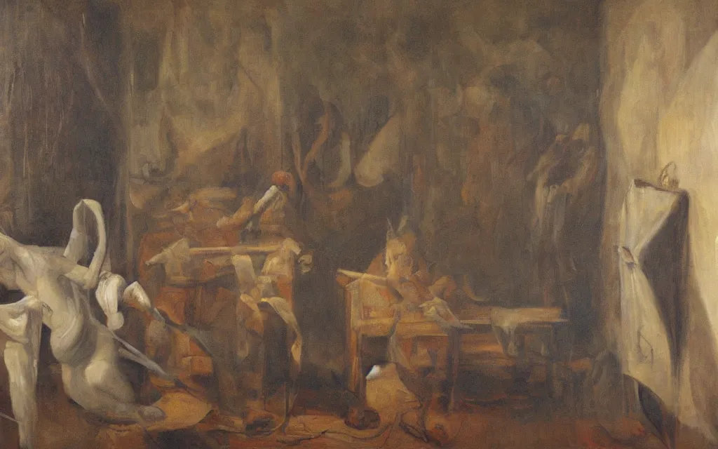 Prompt: a painting of nightmare in a room, by vilhelms purvitis, oil on canvas