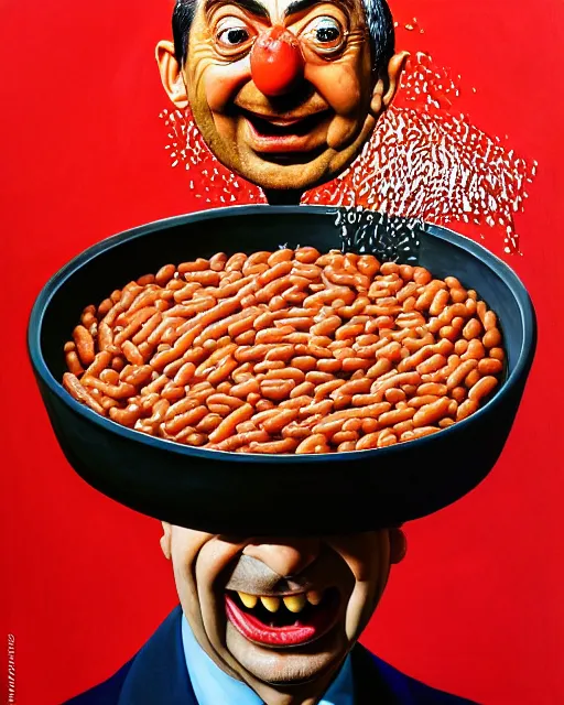 Image similar to portrait of mr bean's face in a bowl full of baked beans, face covered in beans and tomato sauce, baked beans covering his eyes, a pile of baked beans on his head, his mouth wide open and full of baked beans, overflowing with baked beans, muted colors, surrealist oil painting, highly detailed