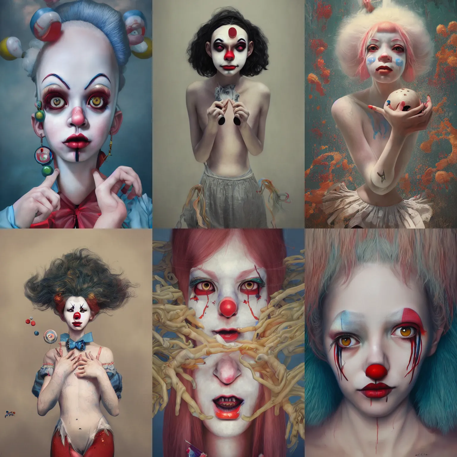 Image similar to breathtaking detailed painting of clown girl , with anxious, piercing eyes, Atari game cover art by Hsiao-Ron Cheng, James jean, Miho Hirano, Hayao Miyazaki, extremely moody lighting, hyperrealistic, octane render, RPG portrait, ambient light, dynamic lighting