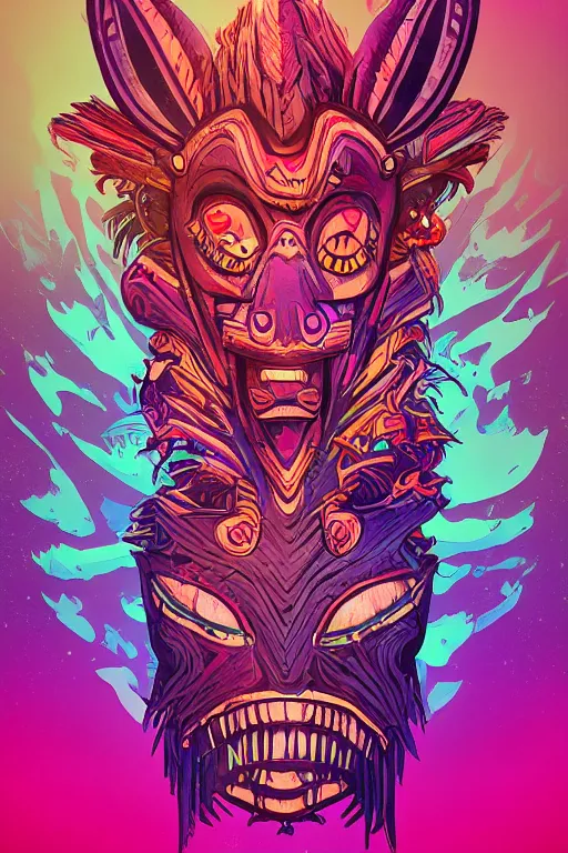 Image similar to totem animal tribal chaman vodoo mask feather gemstone plant wood rock video game illustration vivid color borderlands by josan gonzales and dan mumford radiating a glowing aura global illumination ray tracing