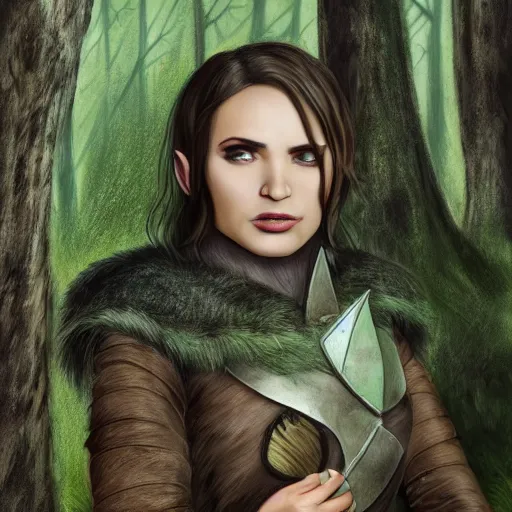 Prompt: anya charlota as a medieval fantasy wood elf, dark purplish hair tucked behind ears, wearing a green tunic with a fur lined collar and brown leather armor, wide, muscular build, scar across nose, one black, scaled arm, cinematic, character art, digital art, forest background, realistic. 4 k