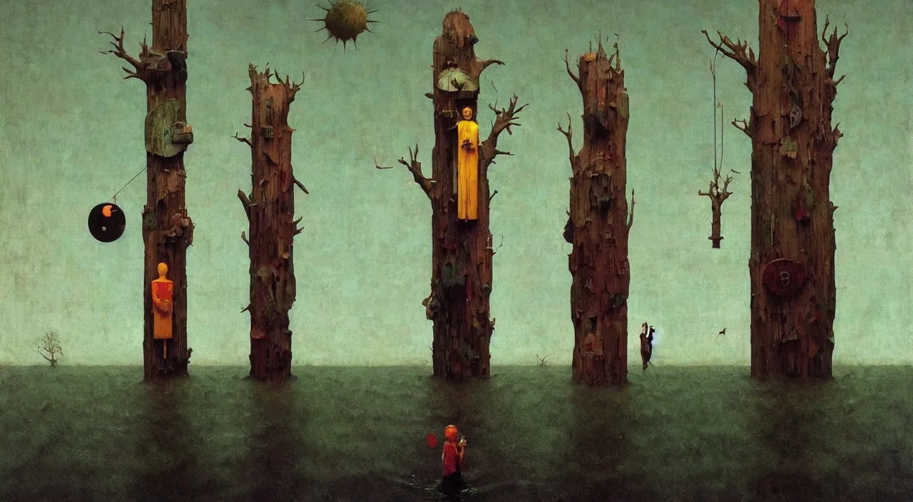 Image similar to single flooded simple!! wooden totem!! pole, very coherent and colorful high contrast masterpiece by norman rockwell franz sedlacek hieronymus bosch dean ellis simon stalenhag rene magritte gediminas pranckevicius, dark shadows, sunny day, hard lighting