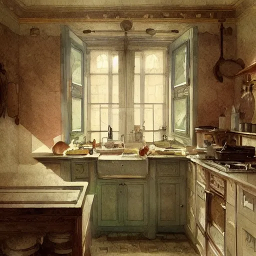 Image similar to a beautifull intricate watercolour painting of a kitchen, reflexions, verry high details by william turner art, greg rutkowski and alphonse mucha, trending on artstation, very very detailed, masterpiece, muted colors