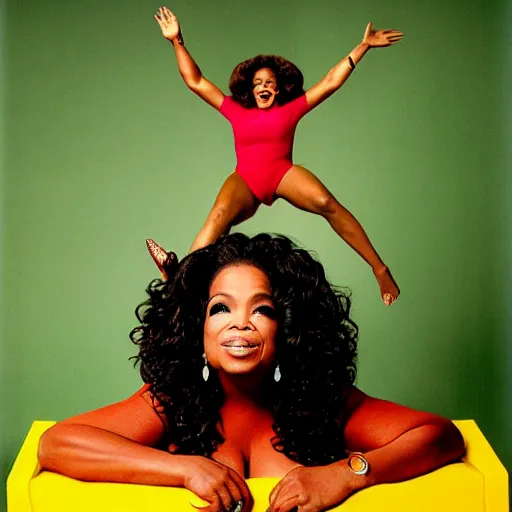 Image similar to oprah winfrey standing on the head of a midget, studio portrait, 3 5 mm