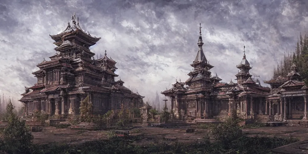 Image similar to a cyberpunk style temple, by ivan shishkin, by james gurney, detailed, atmospheric, 8 k