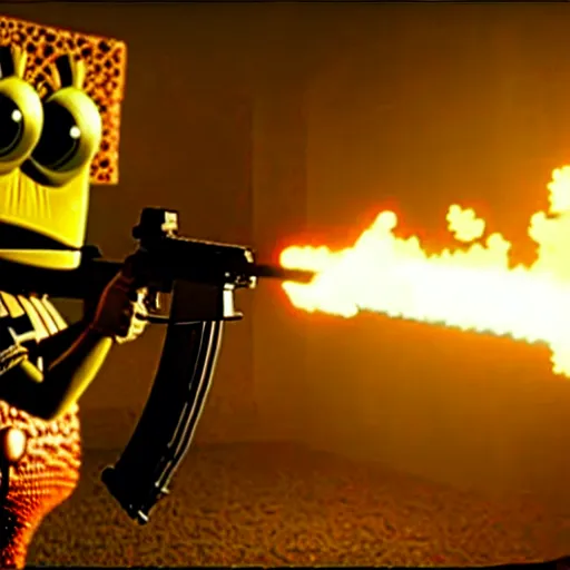 Image similar to high detail movie still of ultra realistic spongebob squarepants shooting an ak - 4 7 machine gun with muzzle flash, cinematic framing rule of thirds, cinematic light, hard shadows, in the style of the movie lone survivor,