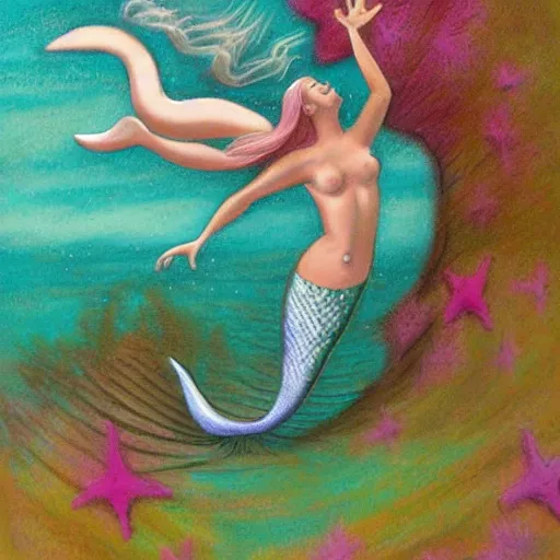 Image similar to mermaid jumping from water, pastel color fantasy art