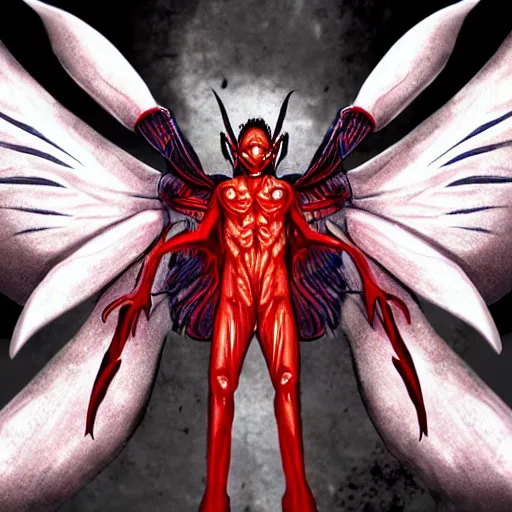 Image similar to 4K headshot of mothman holding something and bloody clothes with giant wings , intricate face , flawless anime cel animation by Kentaro Miura,psychedelic , highly detailed upper body , professionally post-processed , beautiful, scary, symmetry accurate features, epic, octane rendered, anime masterpiece, accurate