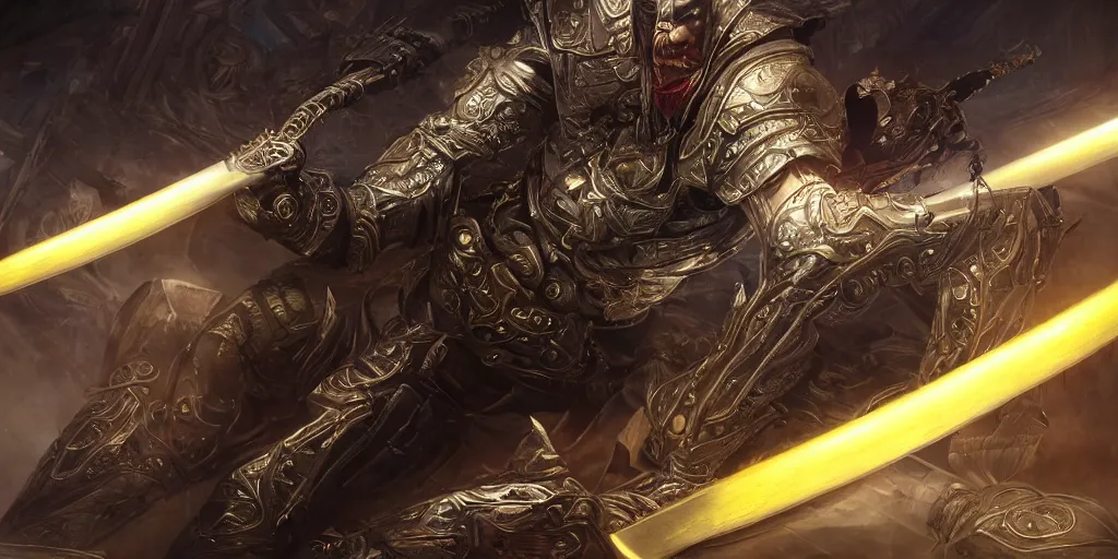 Image similar to legendary cybernetic full long sharp sword lying flat on a glowing table with a black and iridescent sword blade, digital award winning hd matte painting, intimate dark moody, intricate, ornate spikes, colorful gems on hilt, detailed realistic raytraced blade, future golden technological pommel, in the style of greg rutkowski and krenz cushart, deviantart