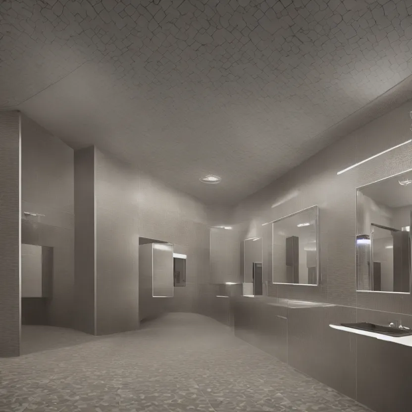 Image similar to an infinite public restroom with endless stalls and endless sinks fading into the distance, mirrors!, showers, tile, cinematic lighting, volumetric lighting, award winning photography, highly detailed, intricate, sharp focus, 4 k wallpaper, unreal engine, 9 0 mm, f / 1. 4