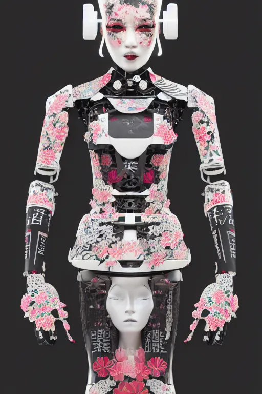 Image similar to full body portrait of a generative design exoskeleton Japanese robot geisha with kanji tattoos and decals wearing a digital pixelated kimono, intricate design, photorealistic, octane render, raytraced, ultra fine detailed, character design, trending on artstation