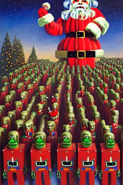 Image similar to a hyperrealistic painting of a 3 d christmas nightmare with giant mechanical nutcracker monster march of the wooden soldiers, cinematic horror by chris cunningham, lisa frank, richard corben, highly detailed, vivid color,