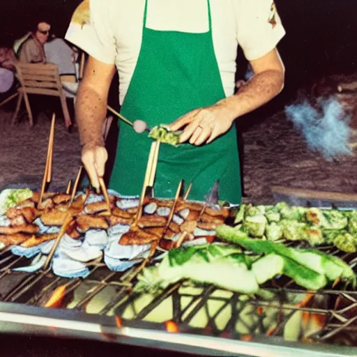 Prompt: polaroid picture of francisco franco grilling skewers in torremolinos with a green thong from bora