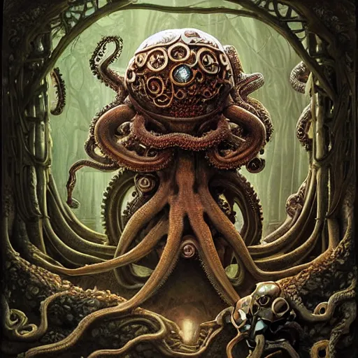 Prompt: biomechanical creature with big octopus head and (glowing) eyes guarding an ancient chest in a mystic forest, gothic and baroque, brutalist architecture, ultradetailed, Intricate by Ellen Jewett and Josan Gonzalez and Giuseppe Arcimboldo