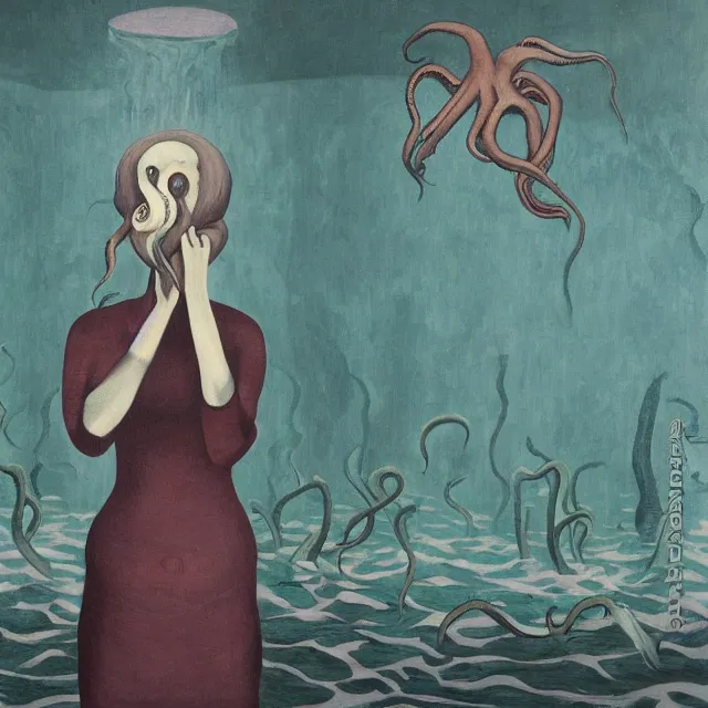 Image similar to tall female emo artist holding an octopus in a flooded cafe, octopus, water gushing from ceiling, painting of flood waters inside a cafe, a river flooding indoors, pomegranates, pigs, ikebana, water, octopus, river, rapids, waterfall, black swans, canoe, berries, acrylic on canvas, surrealist, by magritte and monet