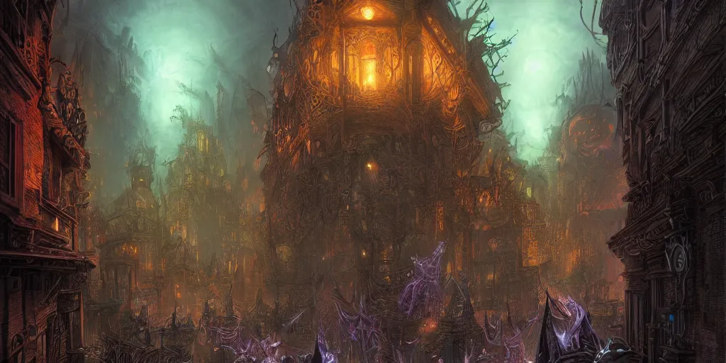 Prompt: a view from the otherworldly gothic streets of the planescape city of sigil, by tony diterlizzi and by brom's, crowded, beautiful digital painting, volumetric lightning, intricate details, by art germ, by greg rutkowski, vibrant deep colors, amazing fantasy art, clear sharp image, dehazed image