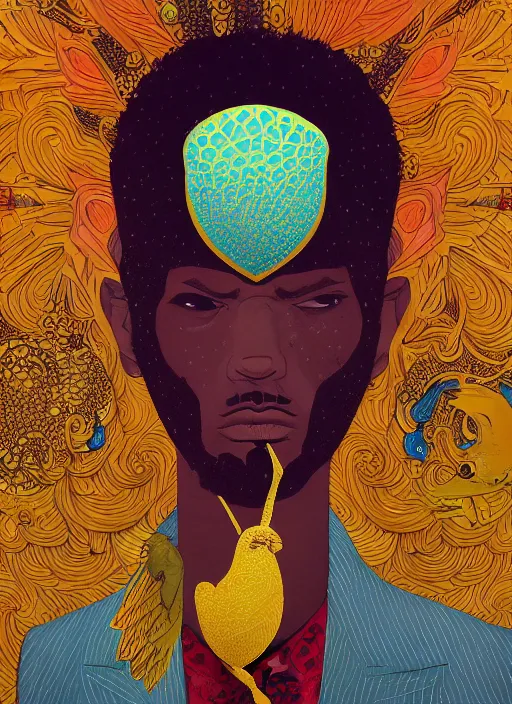 Prompt: beautiful painting of a mystical man in a suit with a golden bird cage as a head, in the style of james jean and victo ngai and sam spratt, mystical colors, trending on artstation