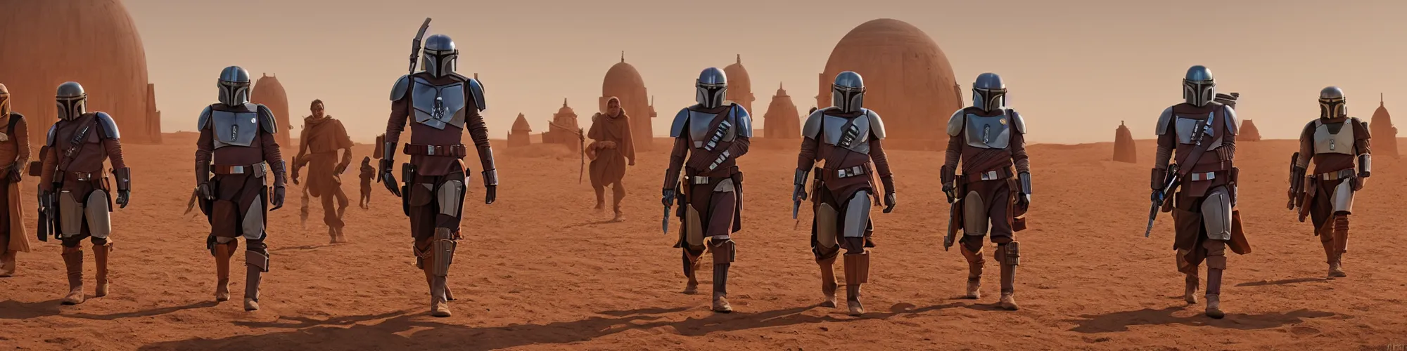 Image similar to the mandalorian walking in the village of tatooine, 8 k uhd, unreal engine, octane render in the artstyle of finnian macmanus, john park and greg rutkowski