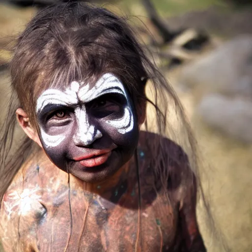 Prompt: color photograph of a denisovan with jade earning and bright facepaint