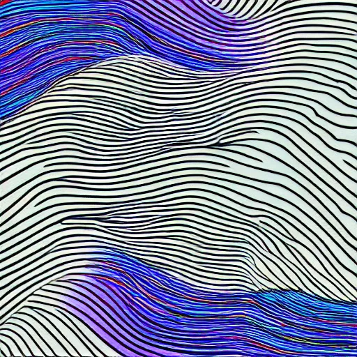 Image similar to by trish mistric rhythmic, improvisational. a river scene. the river is represented by a line winding through the center of the digital art. the banks of the river are represented by two lines, one on each side.
