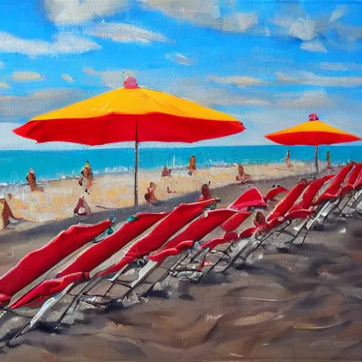 Image similar to an italian beach full of umbrellas and sun chairs, oil painting