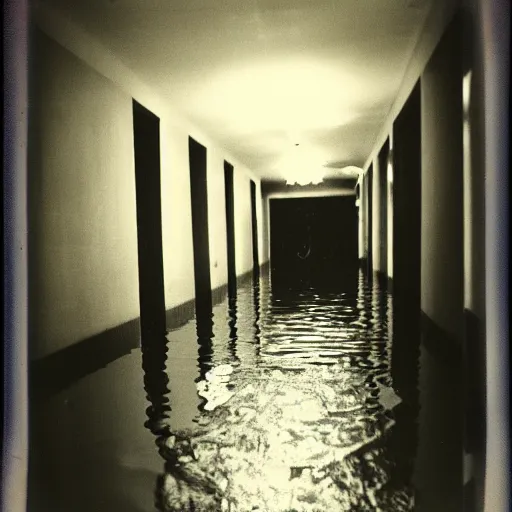 Image similar to a flooded hotel hallway at night, dark, dim, no light, underexposed, old polaroid,