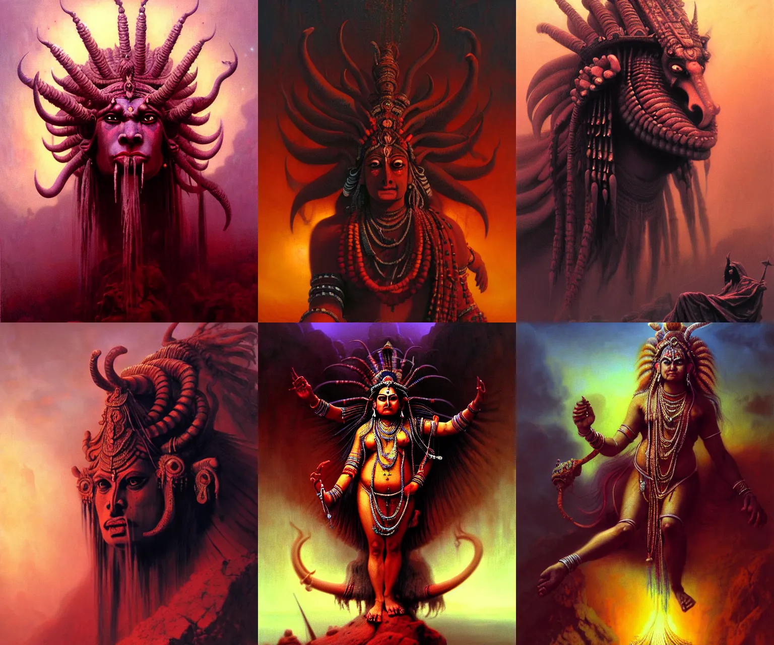 Prompt: A cinematic closeup portrait of the majestic mystical colossal Indian Hindu Demon goddess of grief and despair, by Rembrandt van Rijn, by Wayne Barlowe, by Paul Lehr, by Bruce Pennington, by Zdzisław Beksiński, oil on canvas, masterpiece, trending on artstation, featured on pixiv, cinematic composition, astrophotography, dramatic pose, beautiful lighting, sharp, details, details, hyper-detailed, no frames, 8K