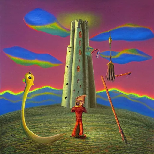 Prompt: the weird Wizard and his quest to topple the wicked tower, surrealist landscape painting