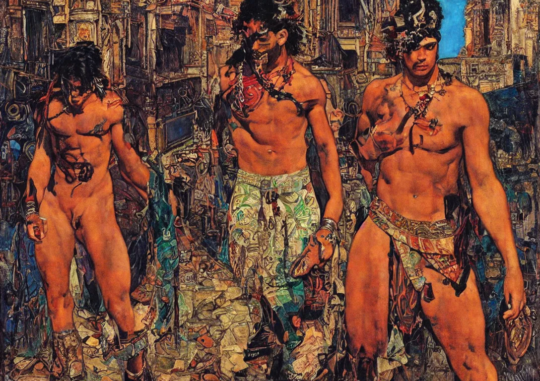 Image similar to a punk polynesian greek god searching through the streets of an abandoned city, sparse detail, complementary color scheme, by george luks, mati klarwein and moebius