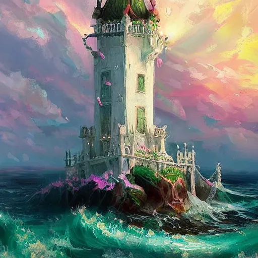 Image similar to a delicate ornate white fantasy tower with pink and green decoration splashes upwards from a turbulent ocean, dramatic lighting, rich colors, beautiful oil painting, artstation