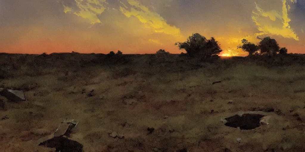 Prompt: abandoned open grave hole backlight sunset moody panorama by frazetta