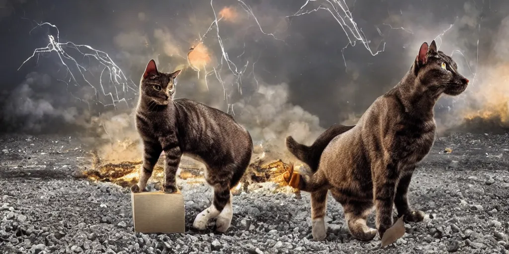 Image similar to cyborg cat sitting on a horse against the background of an explosion, punished, war, hyperrealistic, sharp focus, award winning photo