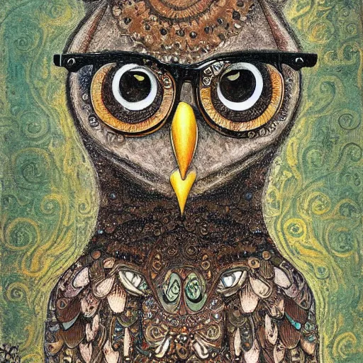 Prompt: a fussy owl with eyeglasses teaching a college course, intricate detail, klimt, royo,