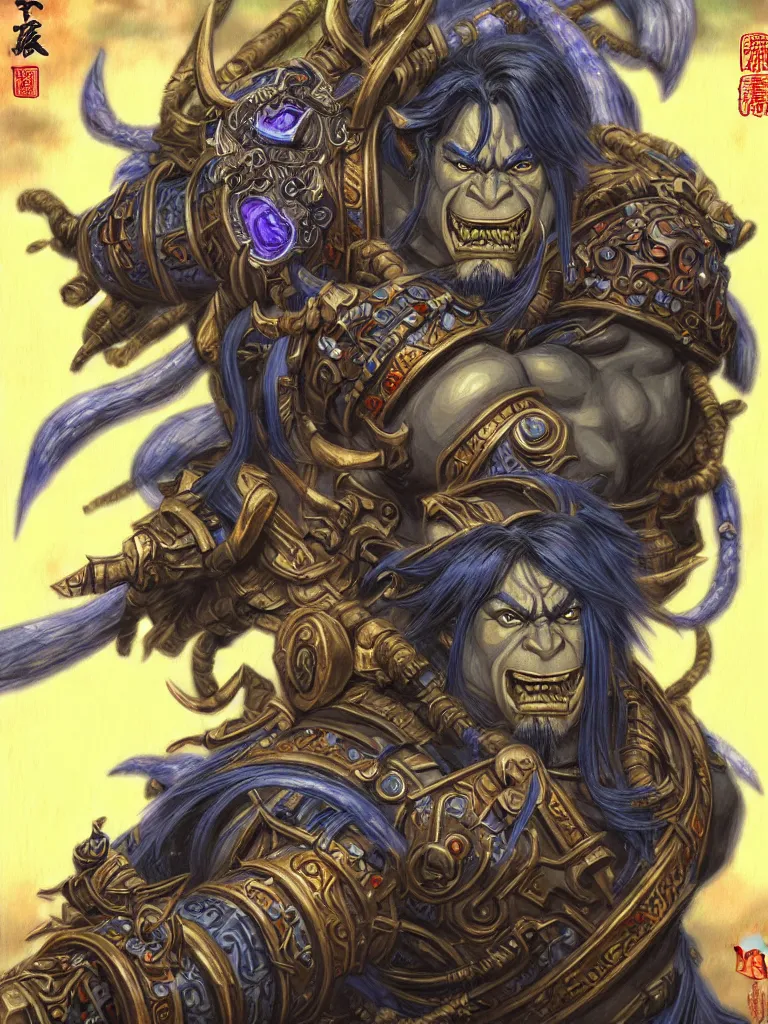 Image similar to Warcraft character in Japanese folklore style portrait drawn by Katsuhiro Otomo, photorealistic style, intricate detailed oil painting, detailed illustration, oil painting, painterly feeling, centric composition singular character